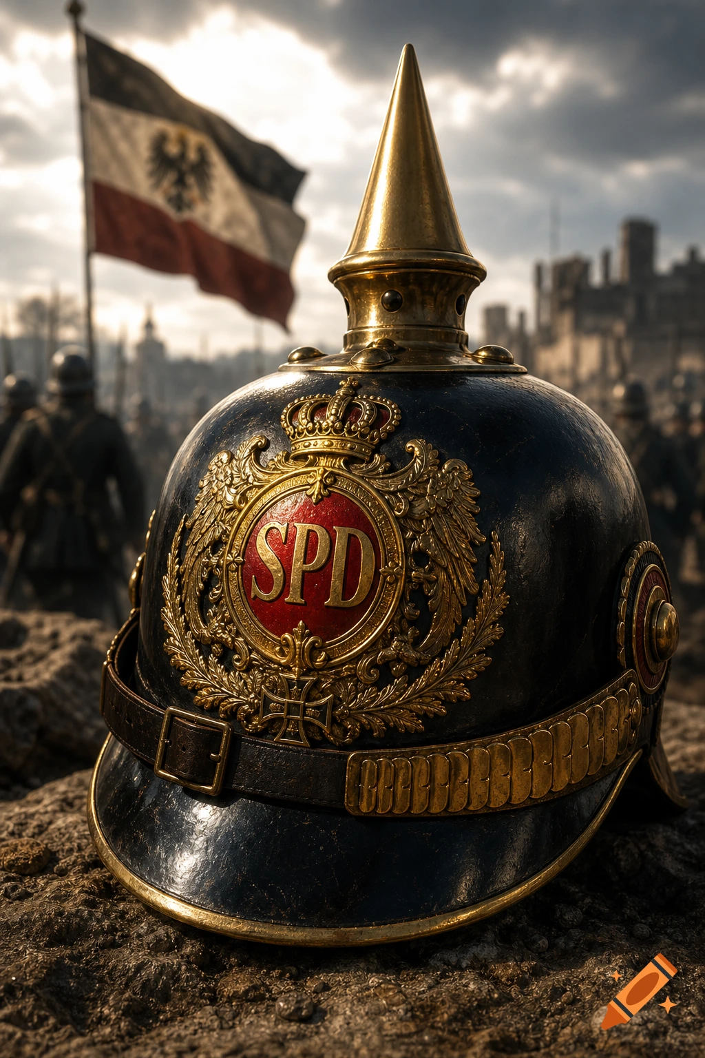 A close-up, photorealistic image of a dark blue Kaiser helmet with an SPD emblem on a rocky ground, with a historical German flag and soldiers in the blurred background.