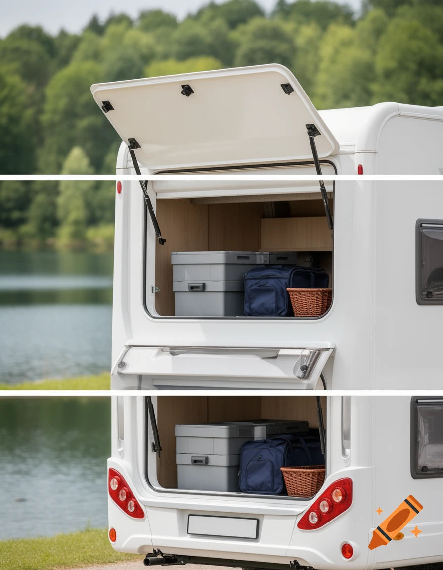 Photorealistic rear view of a white camper van with open storage compartments holding grey boxes, blue bags, and a basket, by a lake and forest.