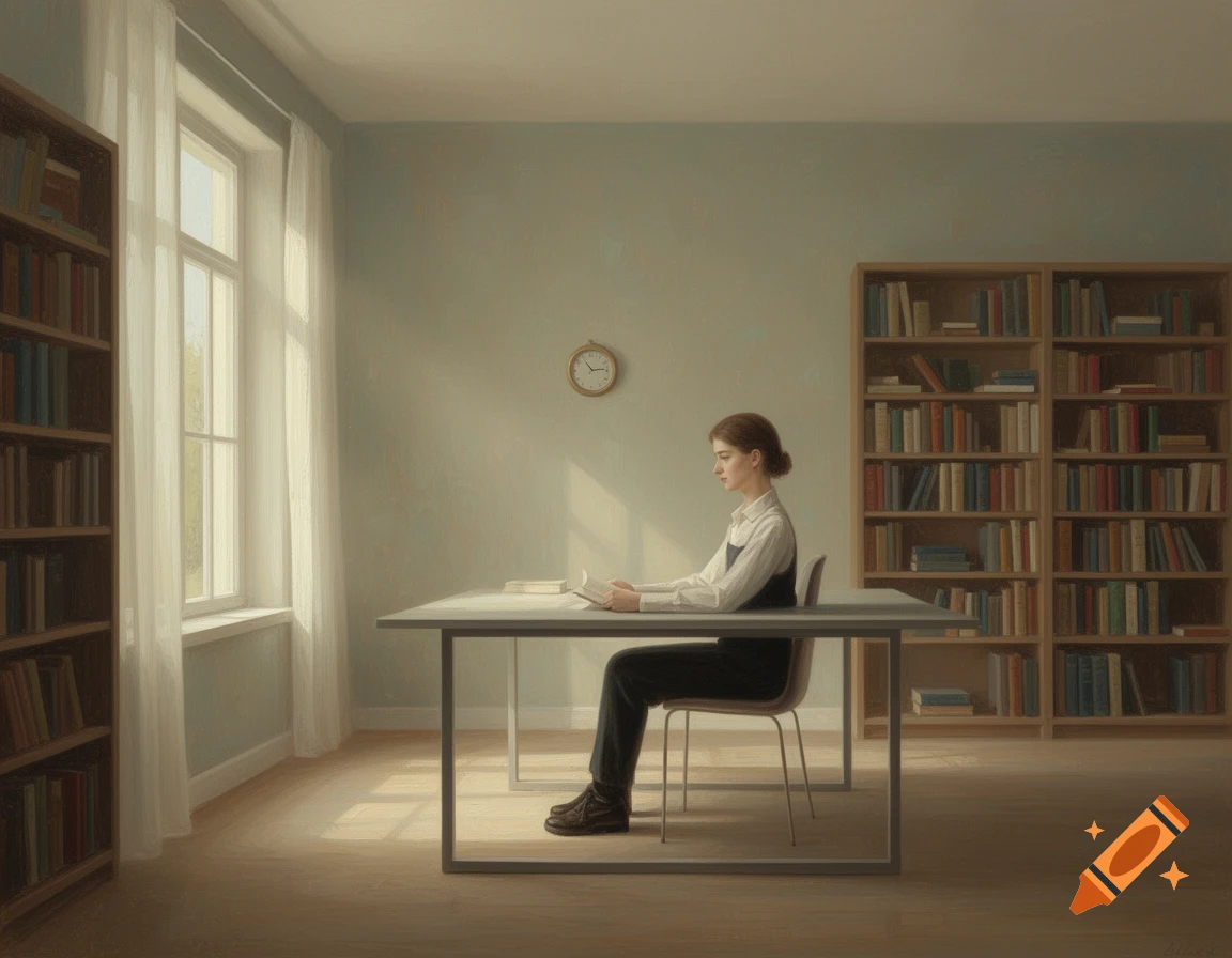 A young woman reads a book at a table in a sunlit room with bookshelves and a wall clock.