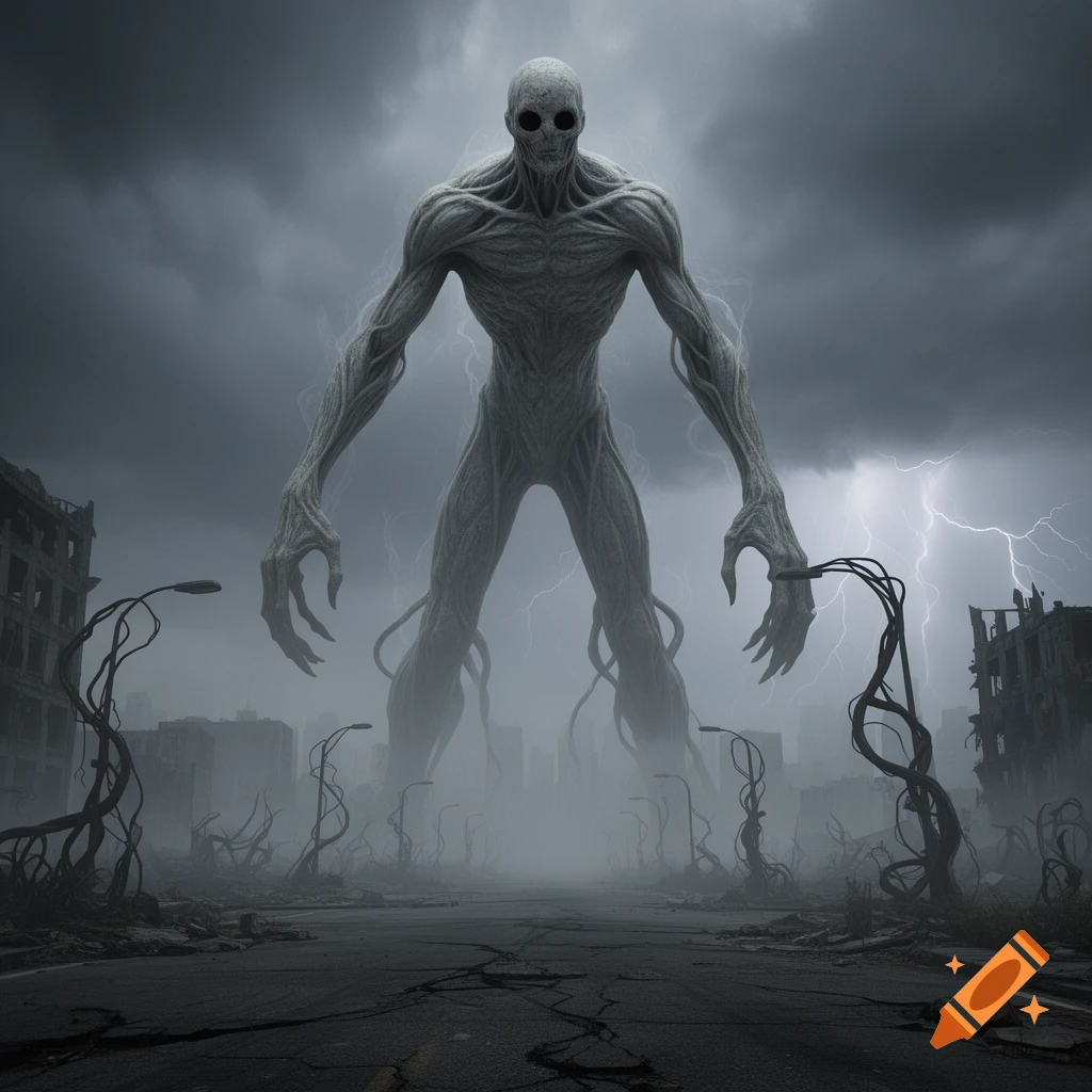 A giant, gaunt, humanoid creature with hollow eyes stands in a desolate, foggy city under a stormy sky with lightning.