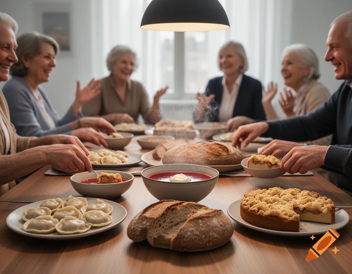 Elderly people gather around a wooden dining table filled with steaming borscht, dumplings, bread, and apple streusel cake.