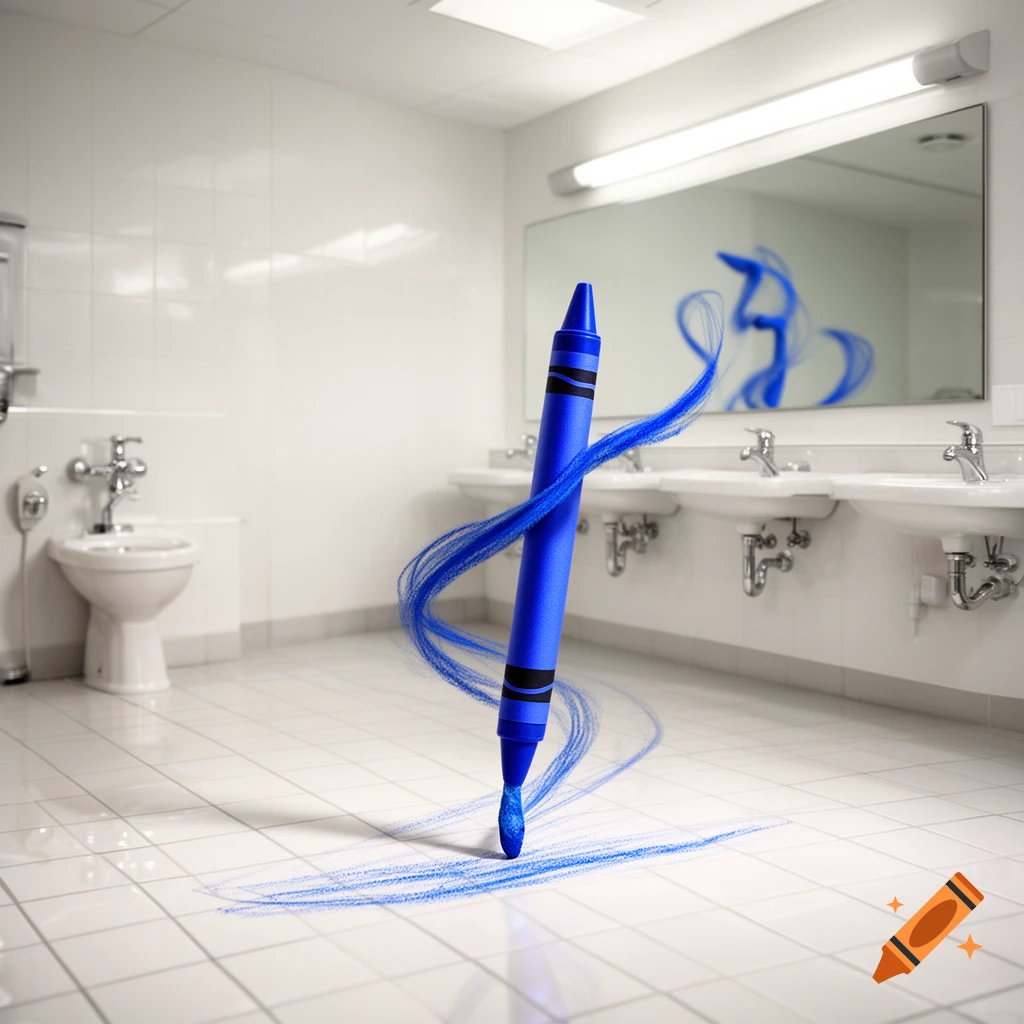 A huge blue crayon drawing blue swirls on the white tiled floor of a clean, minimalist washroom.