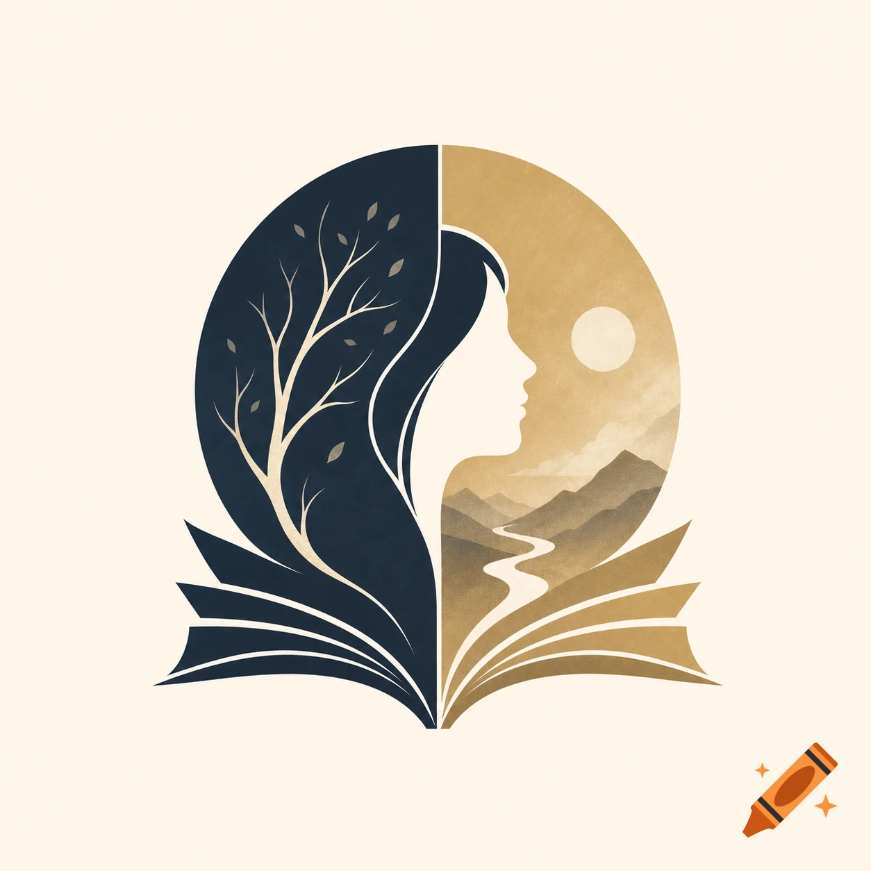 Stylized logo featuring a woman's profile, a tree, mountains, river, and book pages in blue and gold tones.