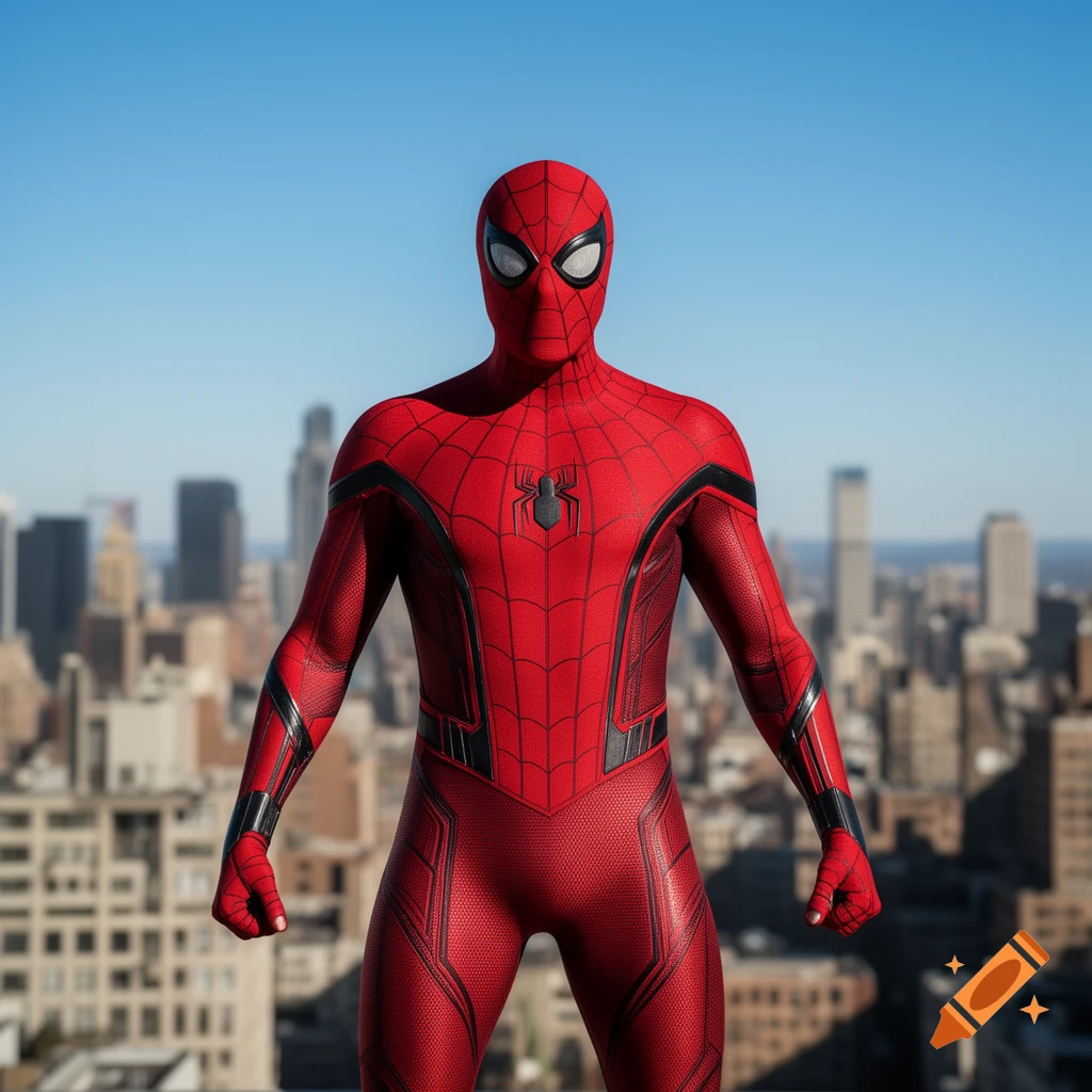 Spider-Man in a red and black suit stands heroically against a blurred cityscape under a clear blue sky.