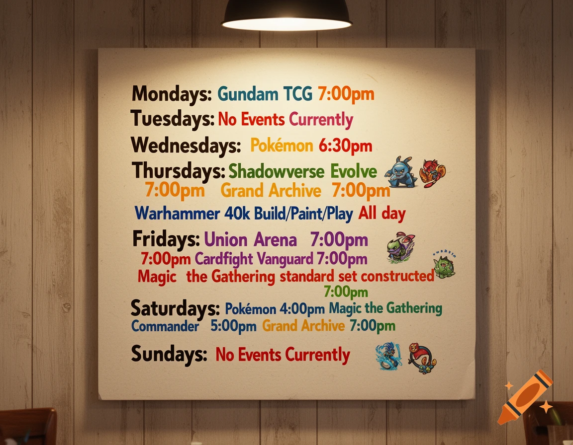 A schedule board listing daily card game events like Gundam TCG, Pokemon, Warhammer 40k, and Magic the Gathering, illuminated by a ceiling light on a wooden wall.