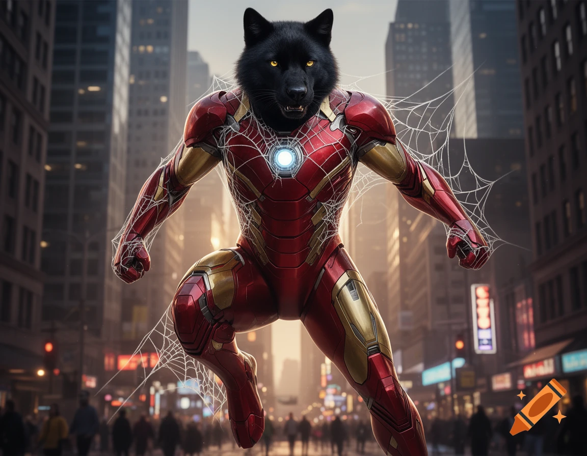 A black wolf-panther hybrid in a red and gold Iron Man suit with spider webs, leaping through a busy city street.