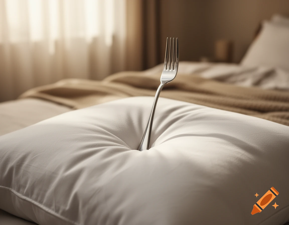A shiny silver fork stands upright, stuck into a white pillow on a bed in a softly lit bedroom.