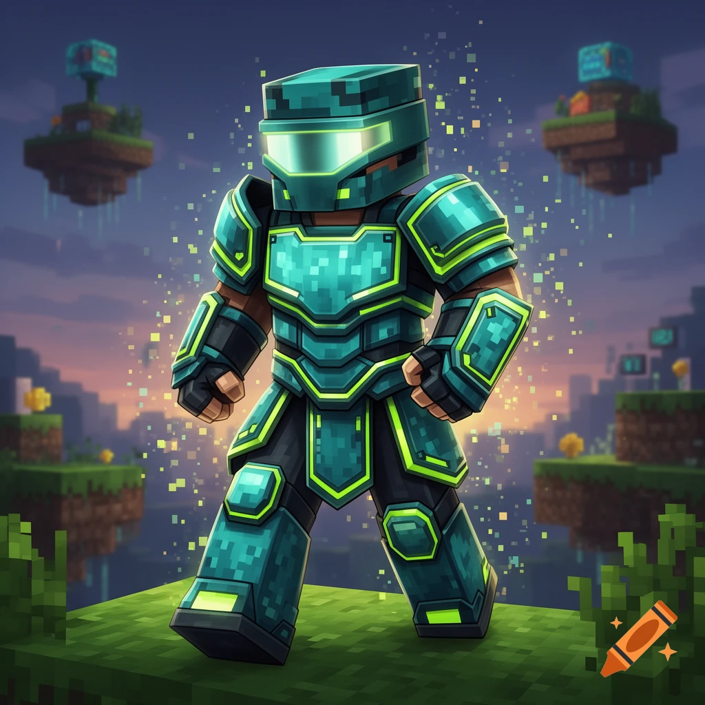 A blocky Minecraft-style character in glowing teal and black futuristic armor stands on a grassy block, with floating islands in a pixelated sunset background.