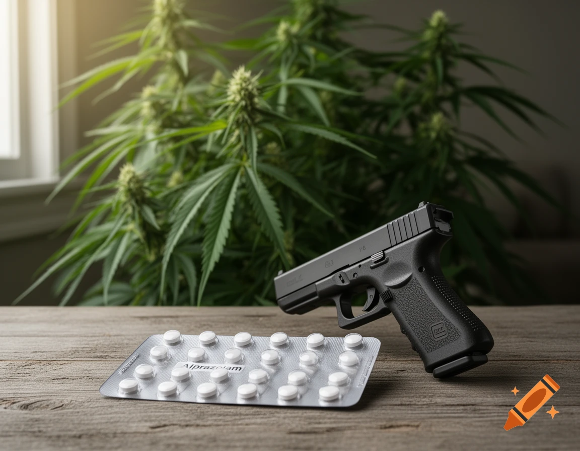 A black Glock pistol, a blister pack of Alprazolam pills, and a cannabis plant on a wooden surface.