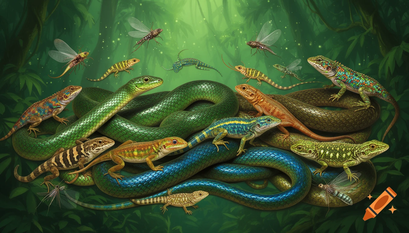 Colorful, detailed illustration of green and blue snakes intertwined with various lizards and insects in a vibrant jungle setting.