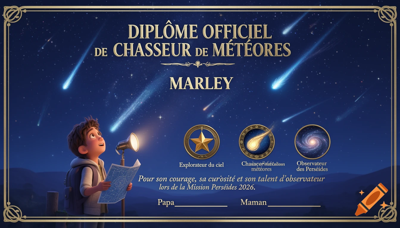 A stylized diploma for a 'Meteor Hunter,' featuring a cartoon boy observing a meteor shower in a night sky, with gold borders and text.