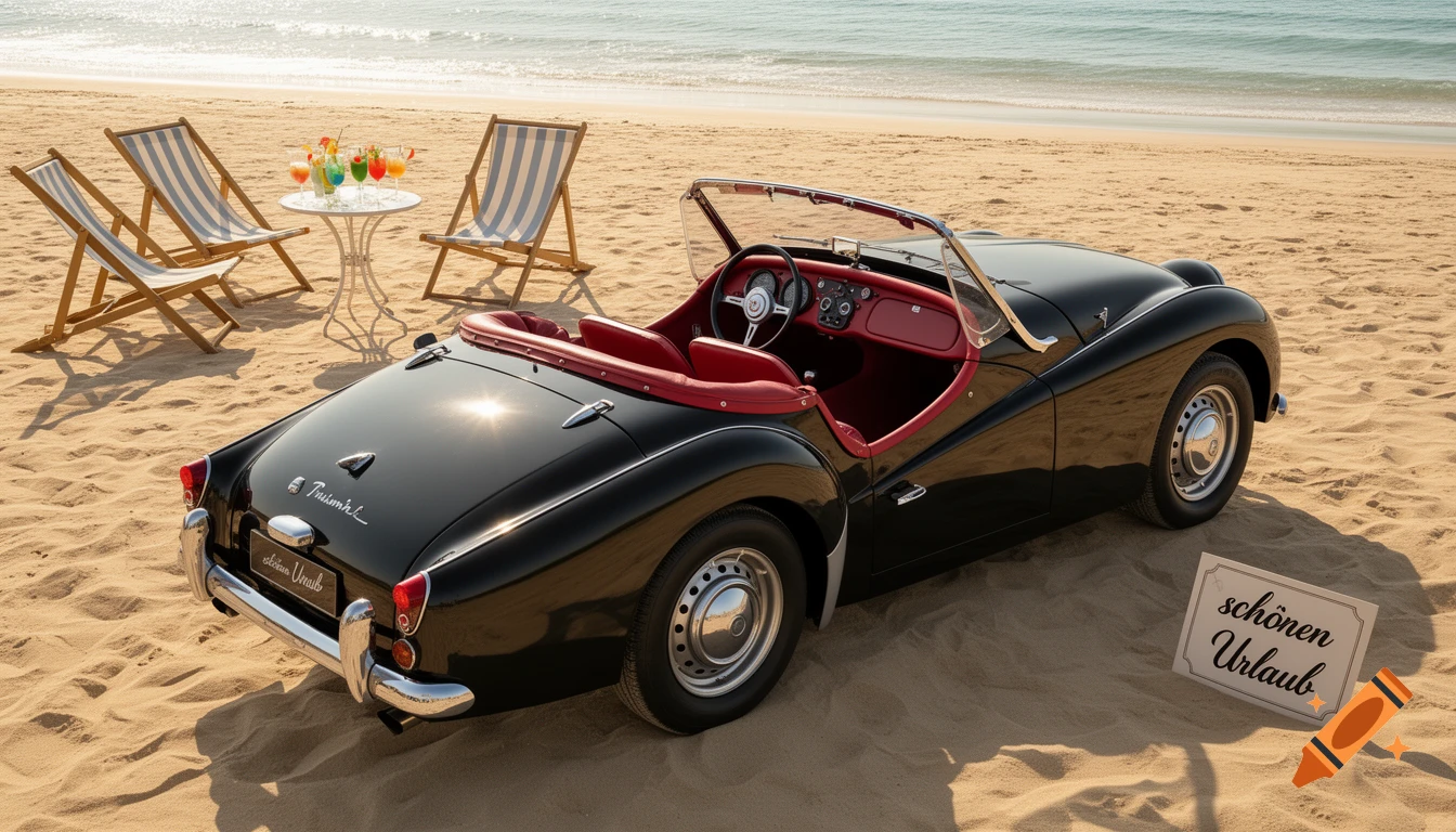 A black vintage Triumph TR3 A convertible with a red interior parked on a sandy beach next to the ocean, with two striped deck chairs and a table with cocktails.