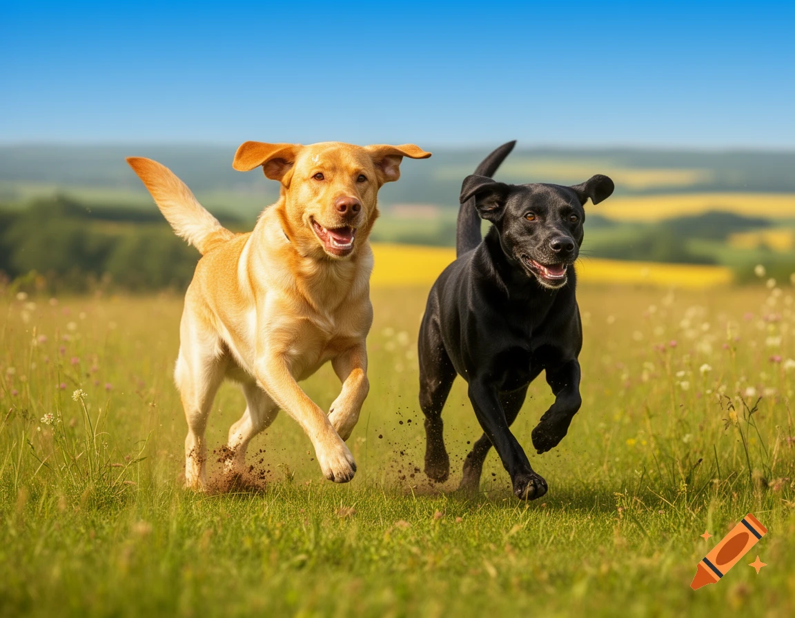 Two happy Labradors, one yellow and one black, sprint through a sunny green field with wildflowers.