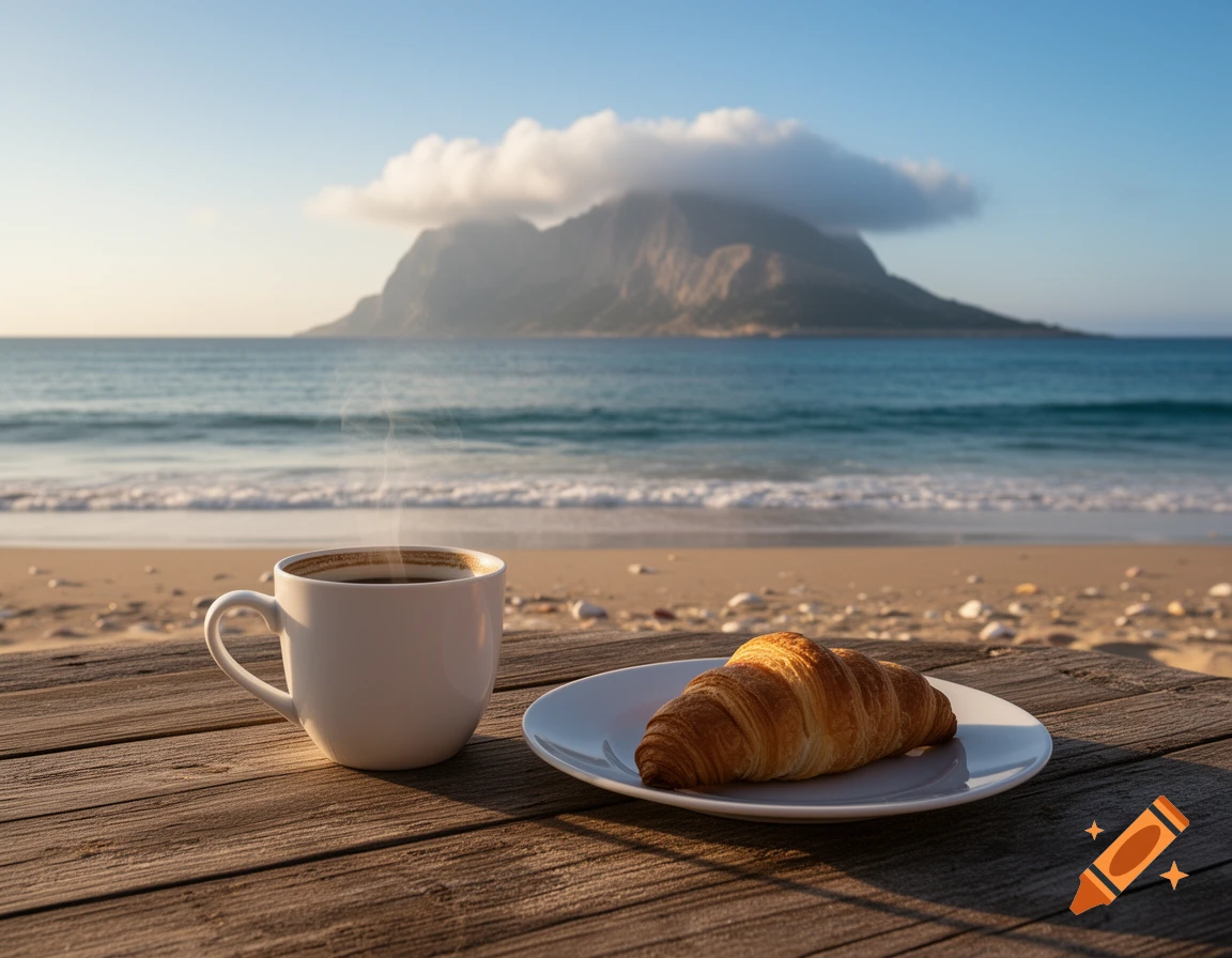 A steaming cup of coffee and a croissant on a wooden table at a beach, with a misty mountain and ocean in the background, photorealistic style.