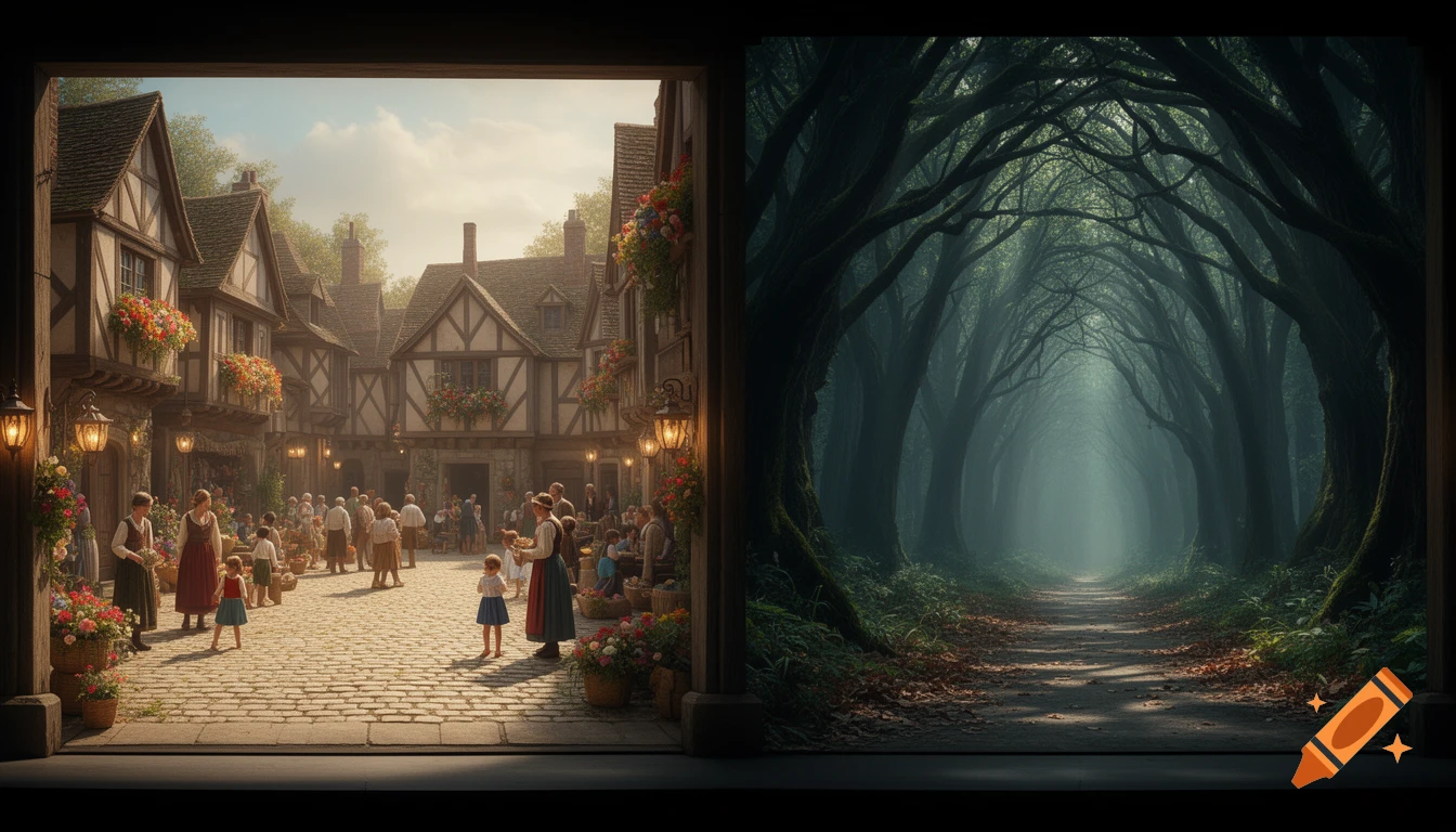 A stage picture split between a bustling medieval village square with people and a dark, misty forest path.
