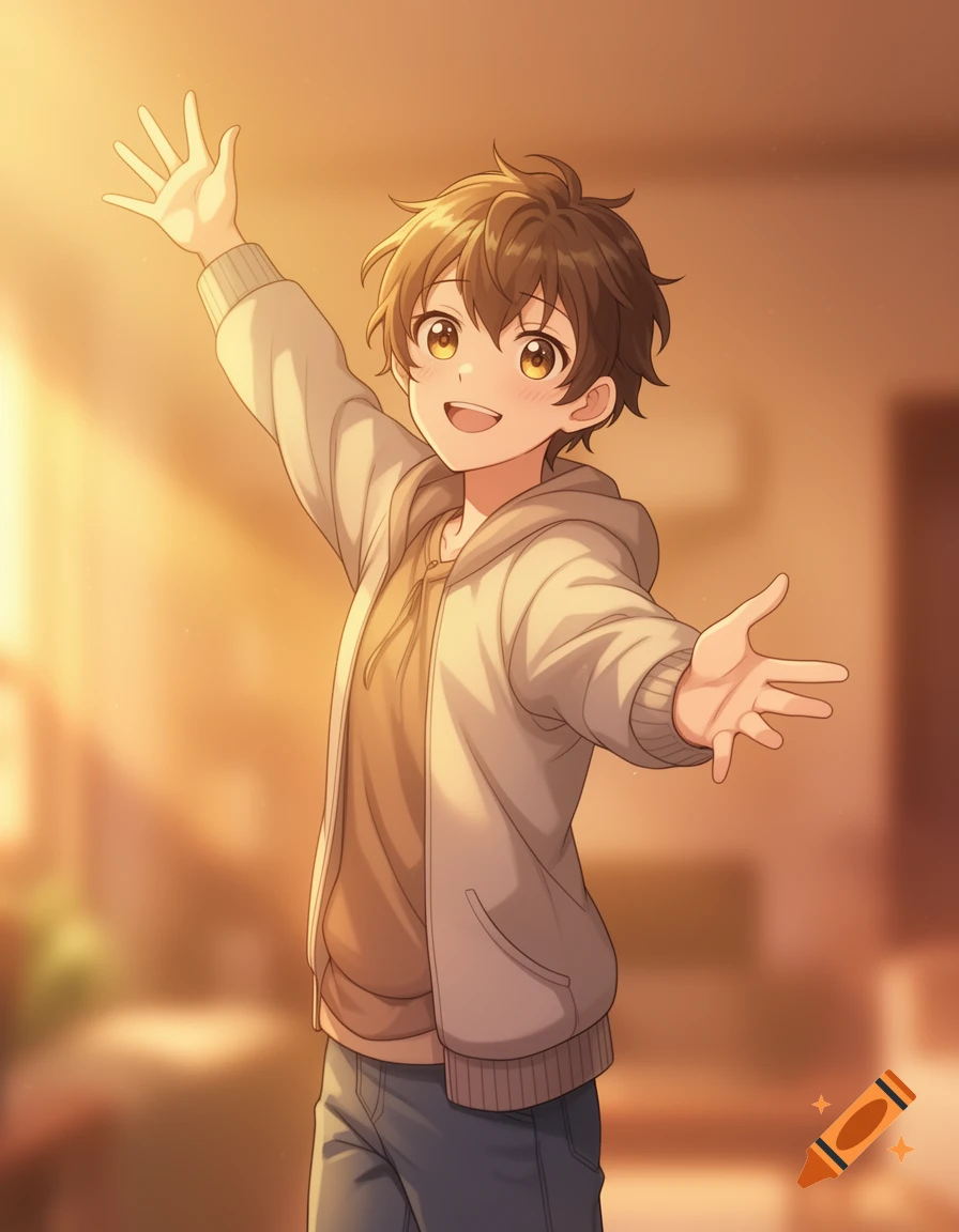 Anime illustration of a smiling boy with outstretched arms, waving in warm golden light.