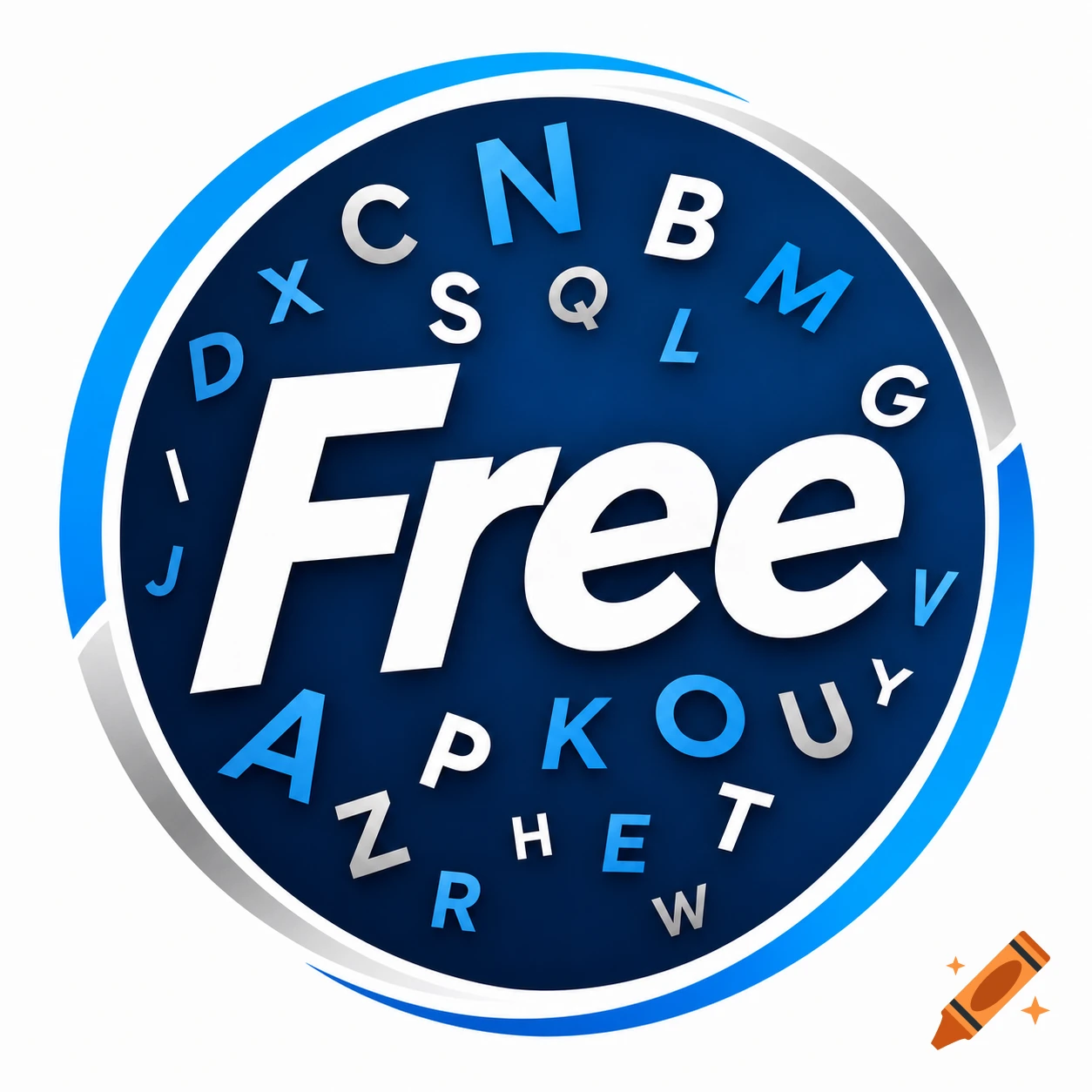 A blue circular logo with the word 'Free' in large white letters, surrounded by scattered blue, white, and gray alphabet letters.