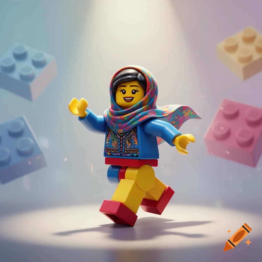 A vibrant 3D Lego minifigure with a colorful patterned headscarf and blue top, strikes a dancing pose under a spotlight with floating Lego bricks in the background.