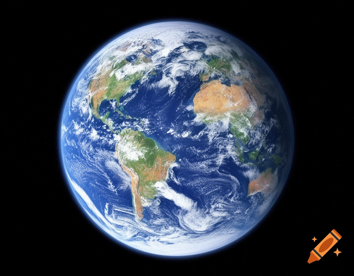 A detailed satellite photo of planet Earth showing continents, oceans, and clouds from space.