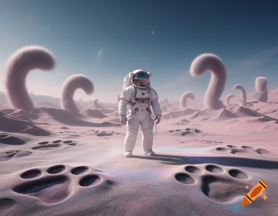 An astronaut explores a surreal, pink planet covered in large paw prints and furry, tail-like formations under a light blue sky.