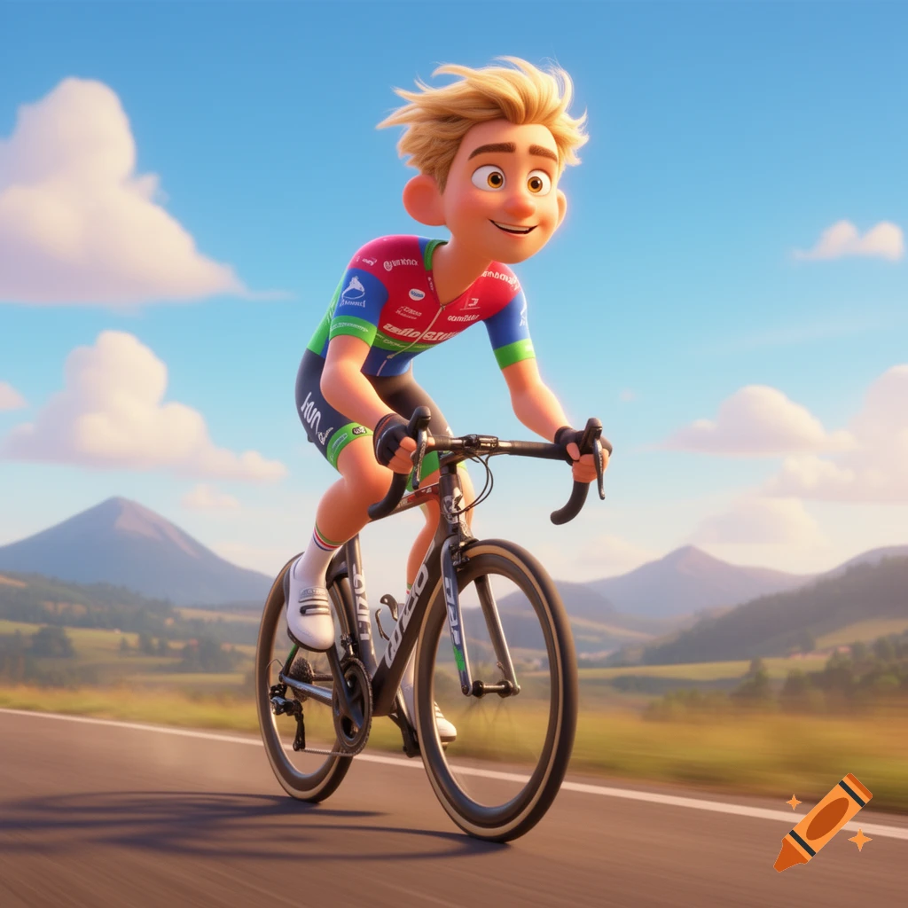 A blonde cartoon male cyclist in a colorful jersey smiles while riding a bike on a road with mountains and a blue sky.