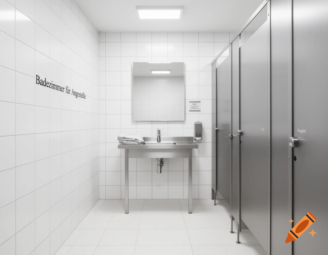 A clean, white-tiled restroom with a stainless steel sink, mirror, and a row of gray metal toilet stalls, featuring the text "Badezimmer für Angestellte" on the wall. Photorealistic style.