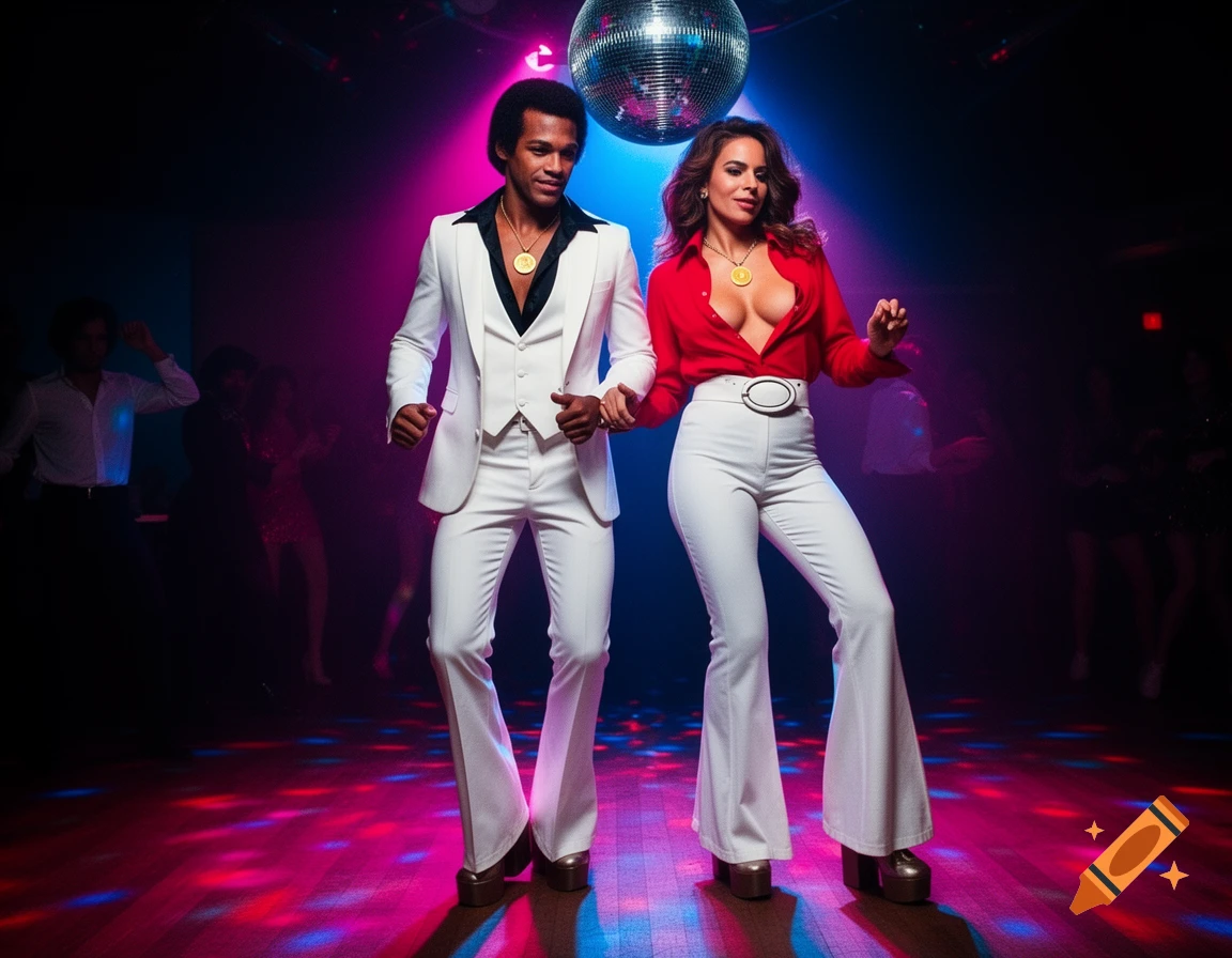 A couple in white 70s disco outfits with platform shoes dances under a disco ball with colorful lights.