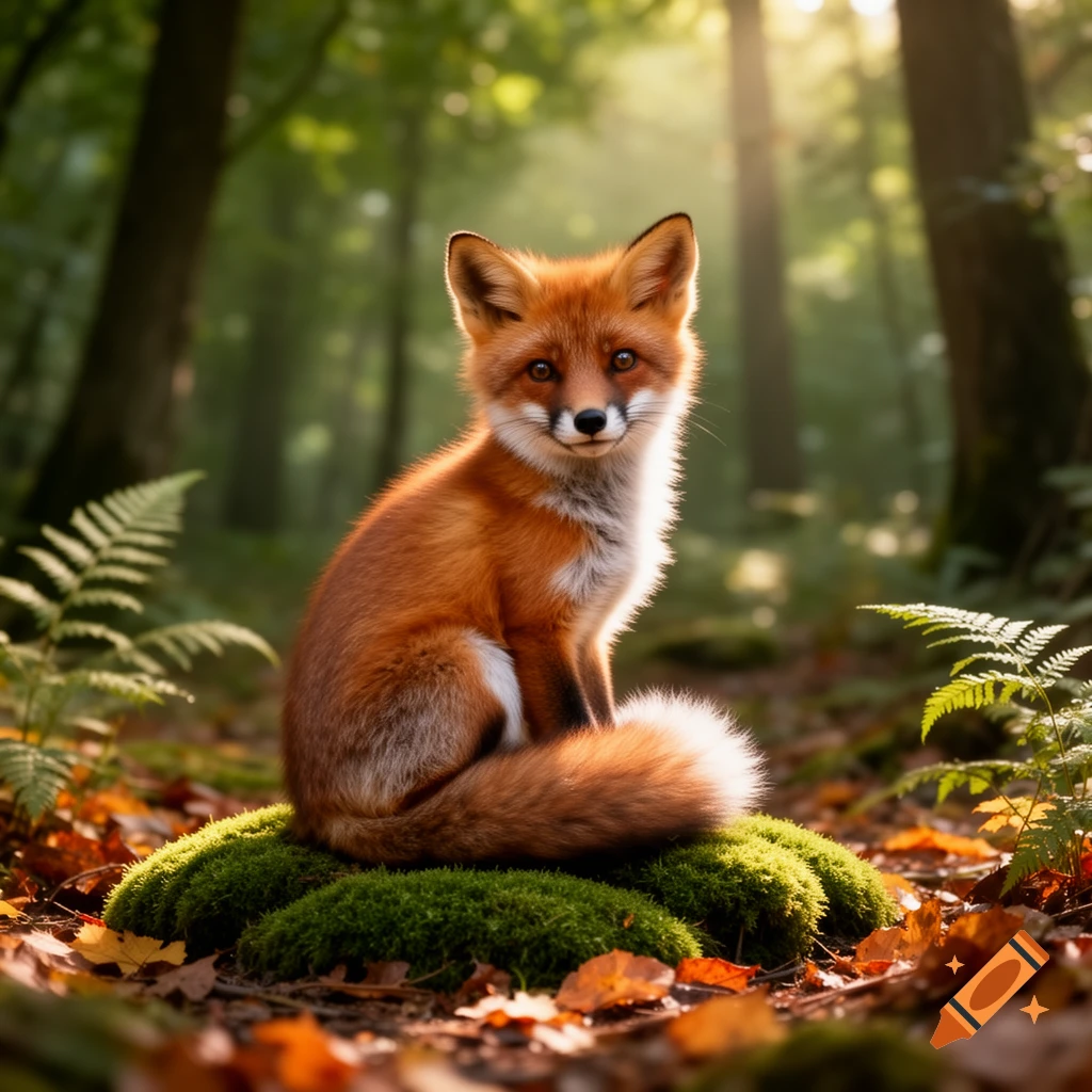 A cute red fox with white markings sitting on a mossy mound in a sun-dappled forest, looking directly at the viewer.