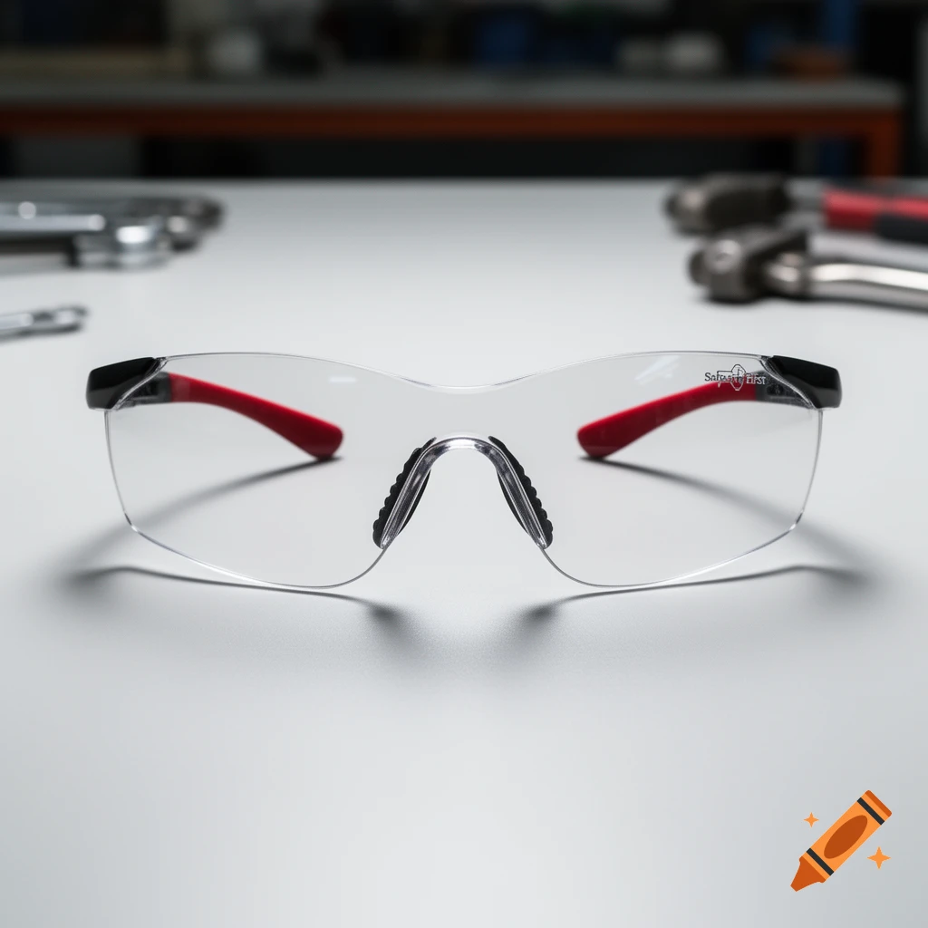 Close-up photorealistic shot of clear safety glasses with red temples and a black frame, on a white surface.