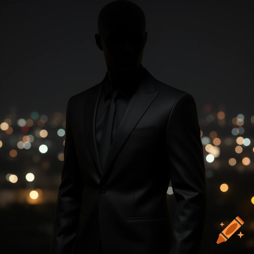 A silhouetted person in a black suit stands against a blurred city skyline at night, photorealistic.