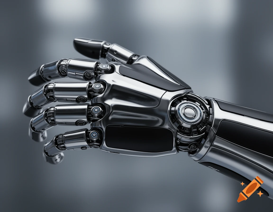 A detailed close-up of a gleaming chrome and black matte cybernetic robot hand with visible joints and mechanics.