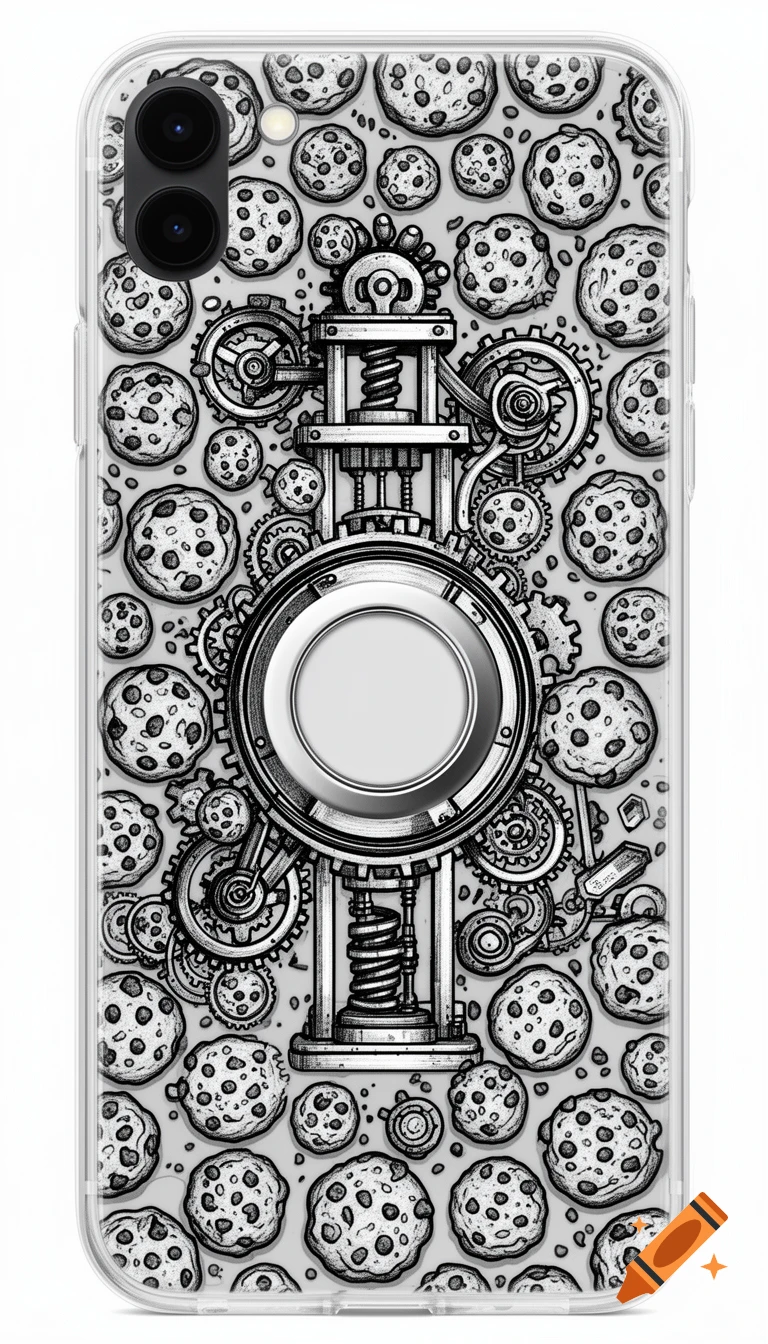 Black and white illustration of a phone case with a mechanical contraption, gears, and numerous chocolate chip cookies as a background pattern.
