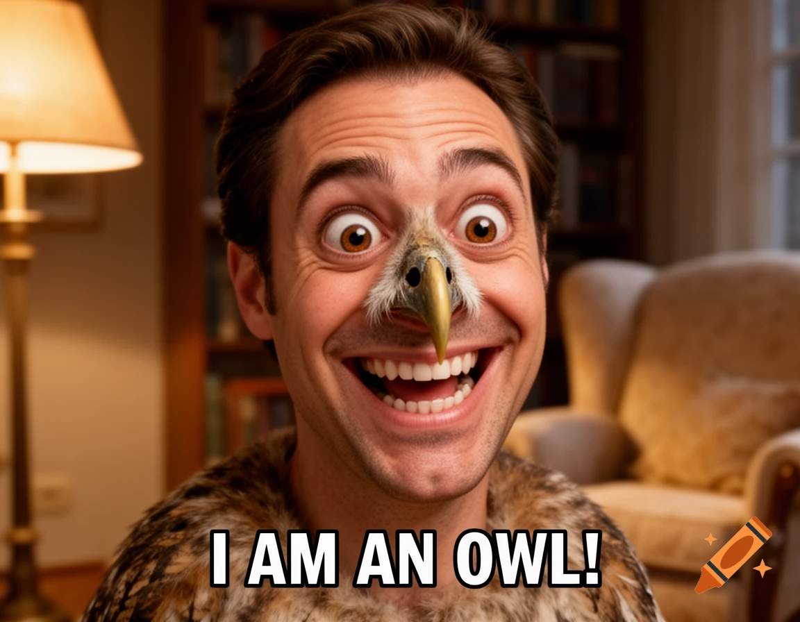 Close-up of a man with wide eyes and a wide grin, an owl's beak and feathers covering his nose and cheeks. Text reads, "I AM AN OWL!"