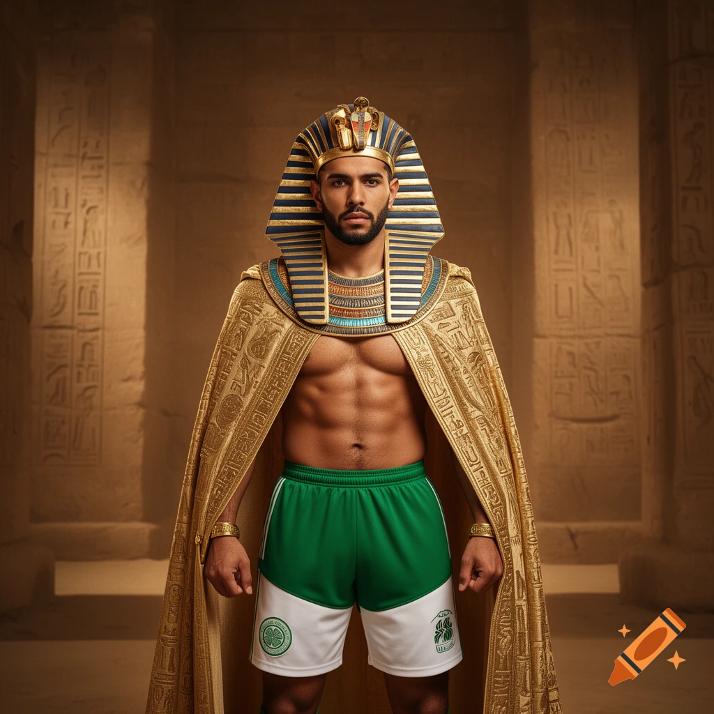 A man with a beard, dressed as an Egyptian pharaoh with a golden nemes headdress and cape, wears green and white athletic shorts with a Celtic Football Club emblem. He stands in an ancient Egyptian temple setting.