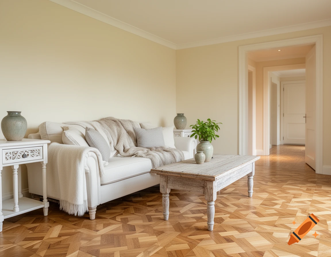 A cozy living room with cream walls, a white country-style sofa, rustic wooden coffee table, and unique mosaic parquet flooring.