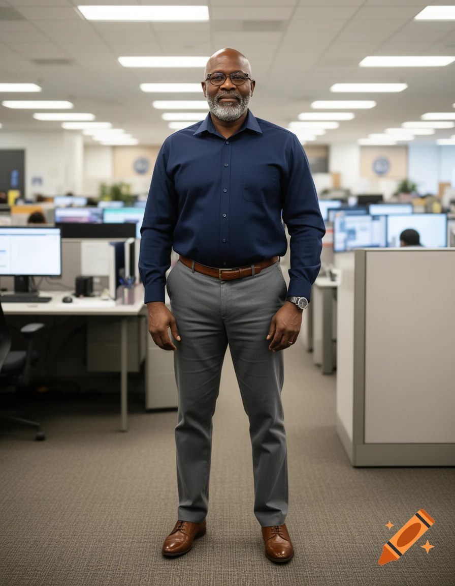 A smiling bald man with a gray beard and glasses, wearing a navy shirt and gray pants, stands in a modern office.