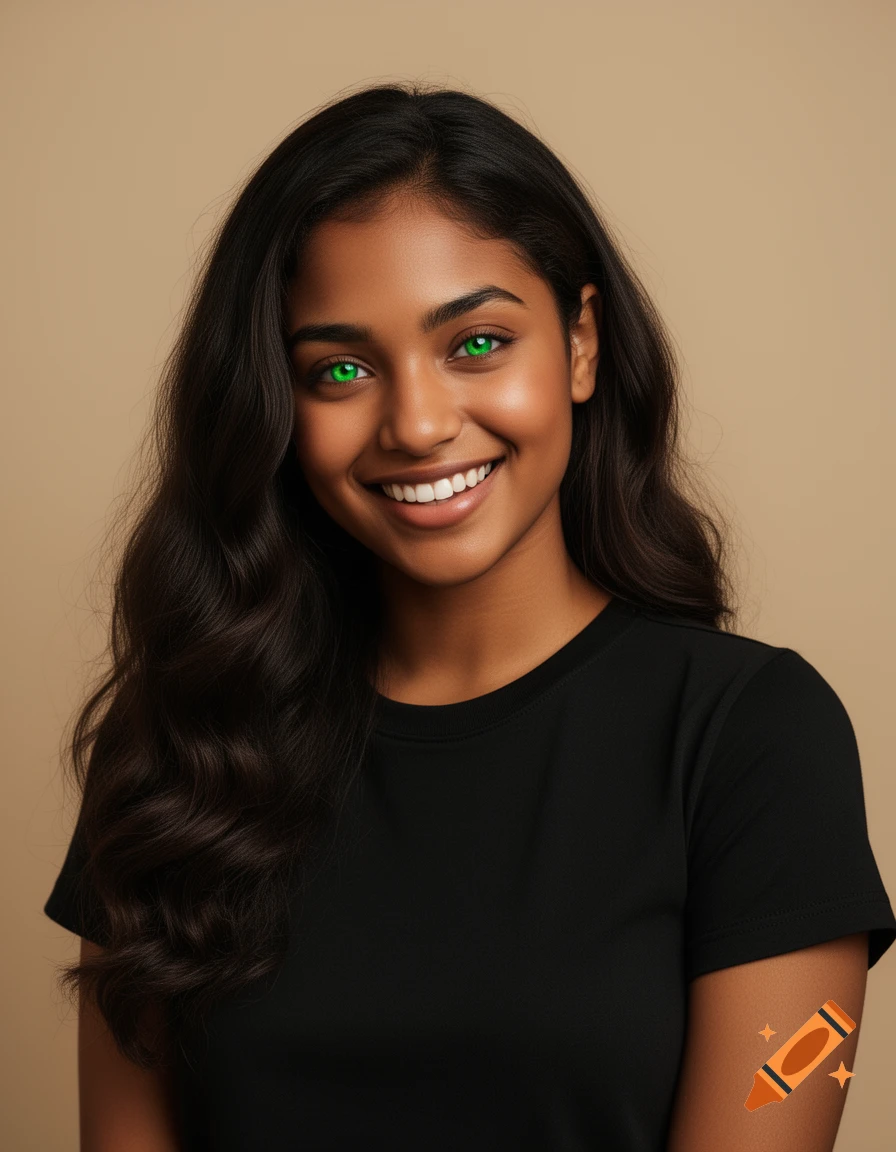Photorealistic portrait of a smiling young woman with dark hair, mocha skin, and bright green eyes, wearing a black t-shirt against a beige background.