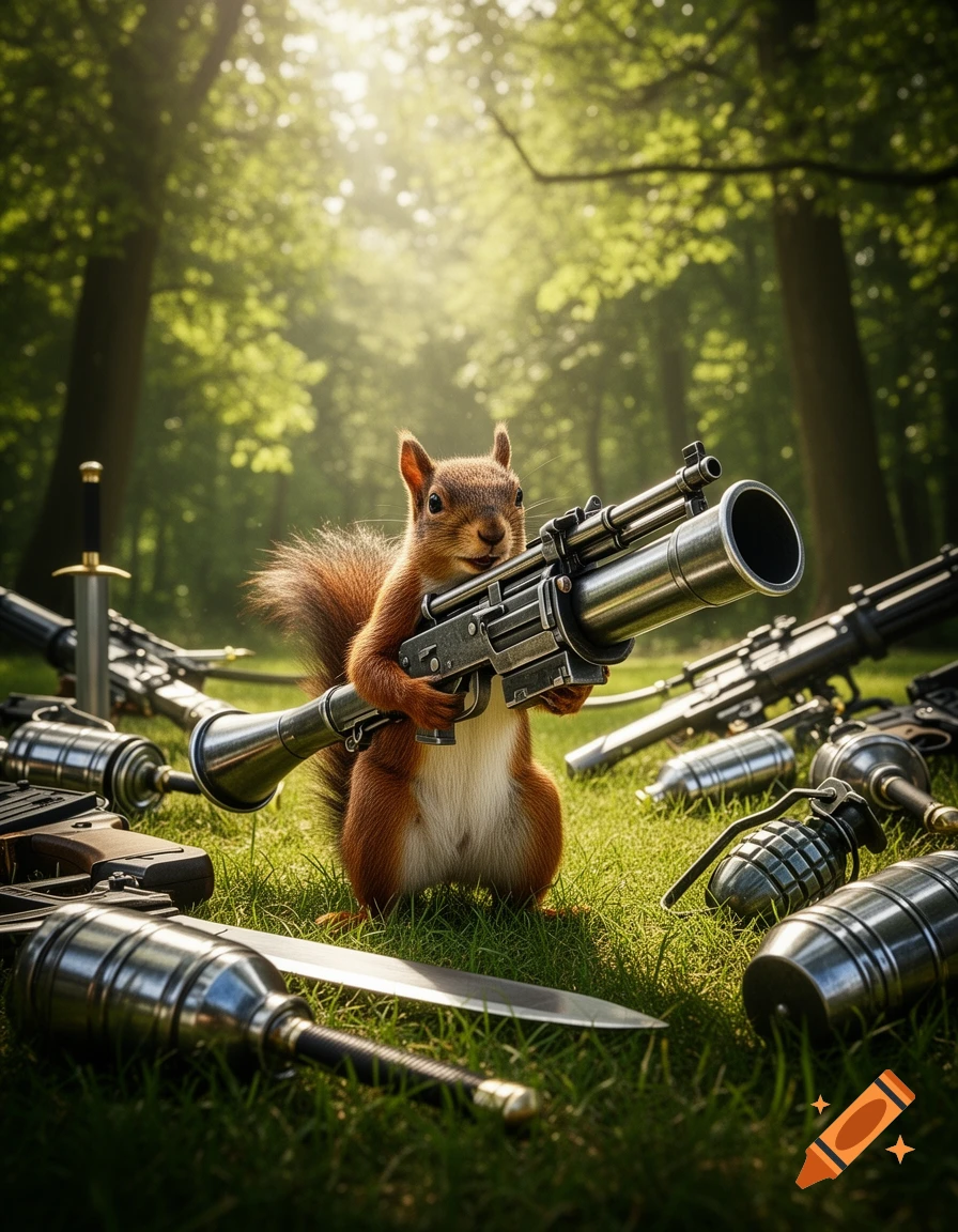 A photorealistic squirrel holding a large, comically oversized machine gun, surrounded by other weapons in a sunlit forest.