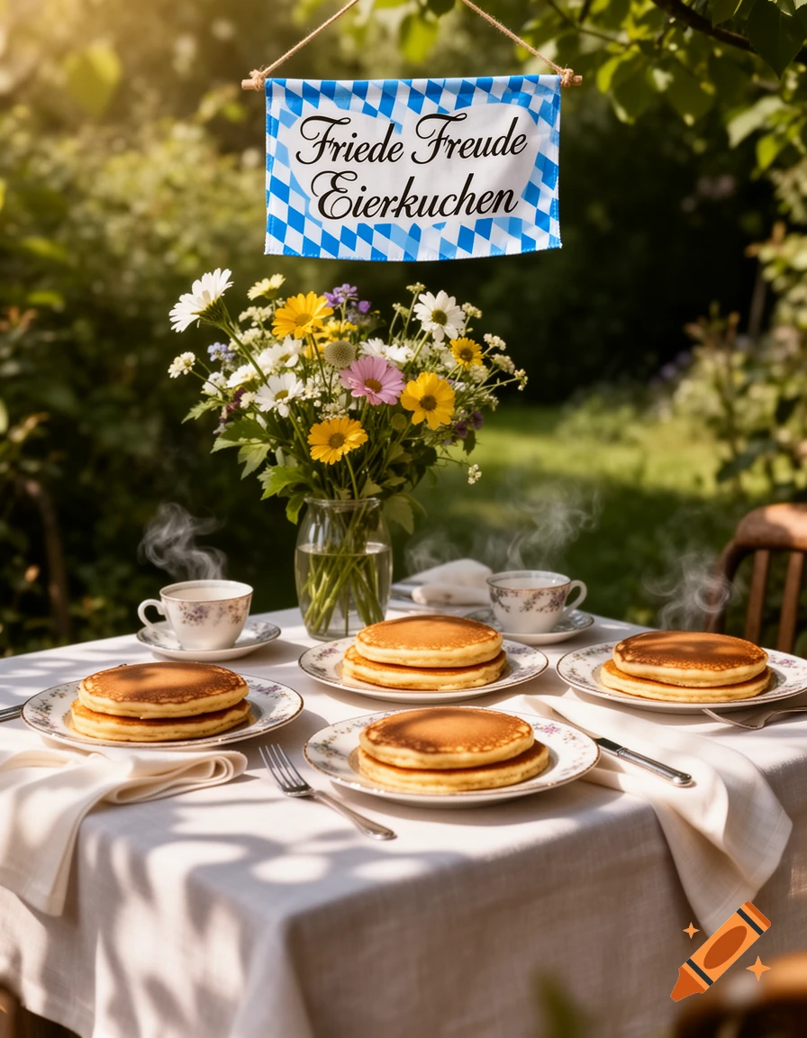 A sunlit outdoor breakfast table with pancakes, steaming coffee, a wildflower bouquet, and a banner reading 'Friede Freude Eierkuchen'.