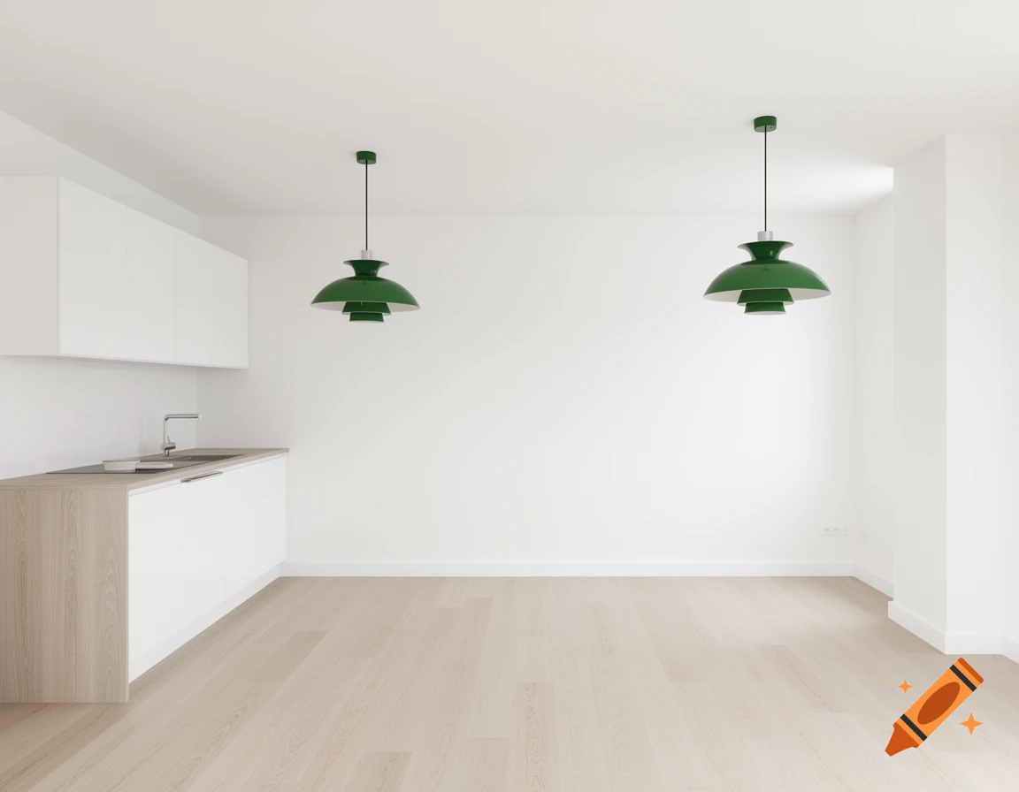Photorealistic image of a modern, minimalist apartment with an open-plan kitchen, white cupboards, light wood flooring, and two green pendant lamps.