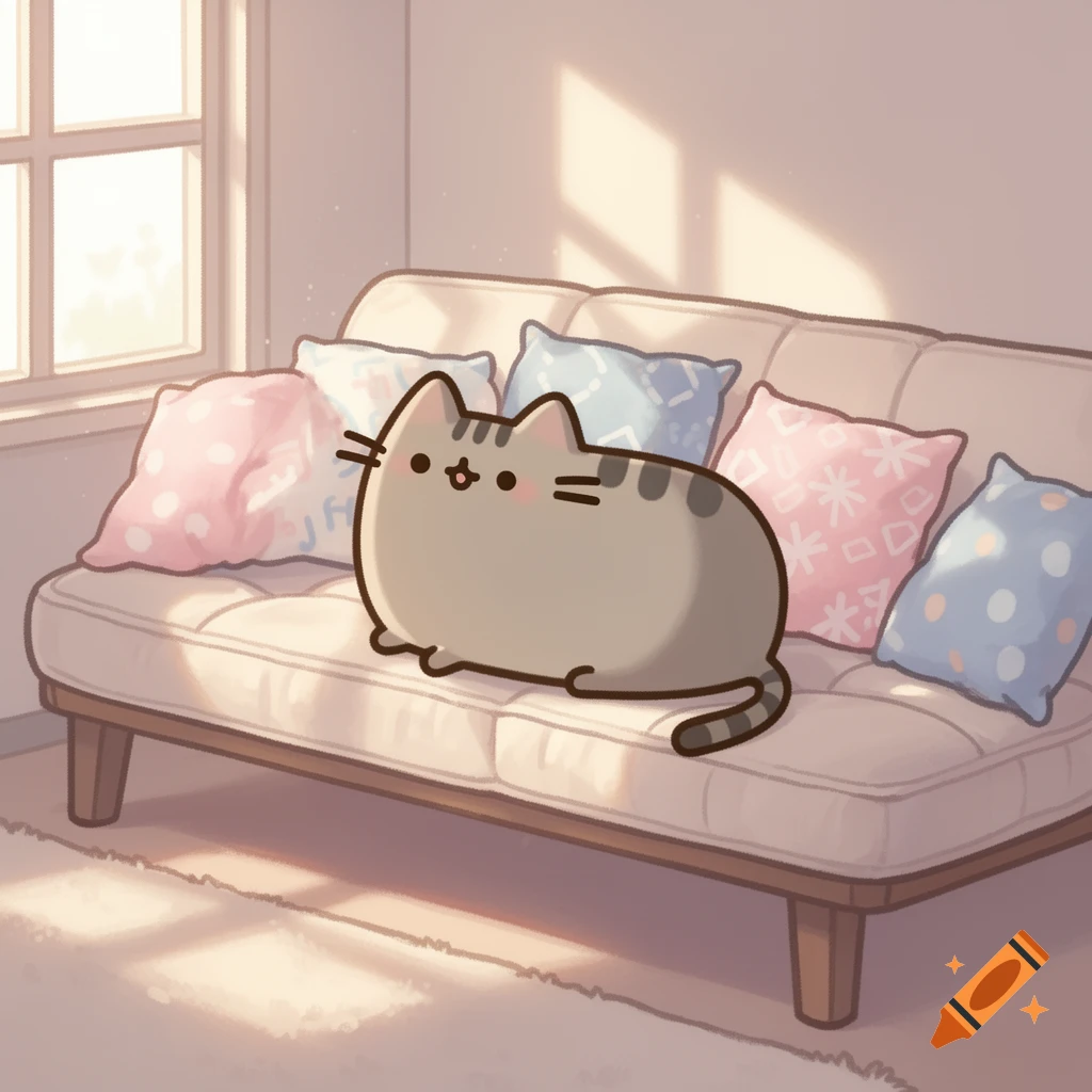 A cute cartoon Pusheen cat character lies on a futon with colorful pillows in a sunlit room, drawn in a soft, cozy style.