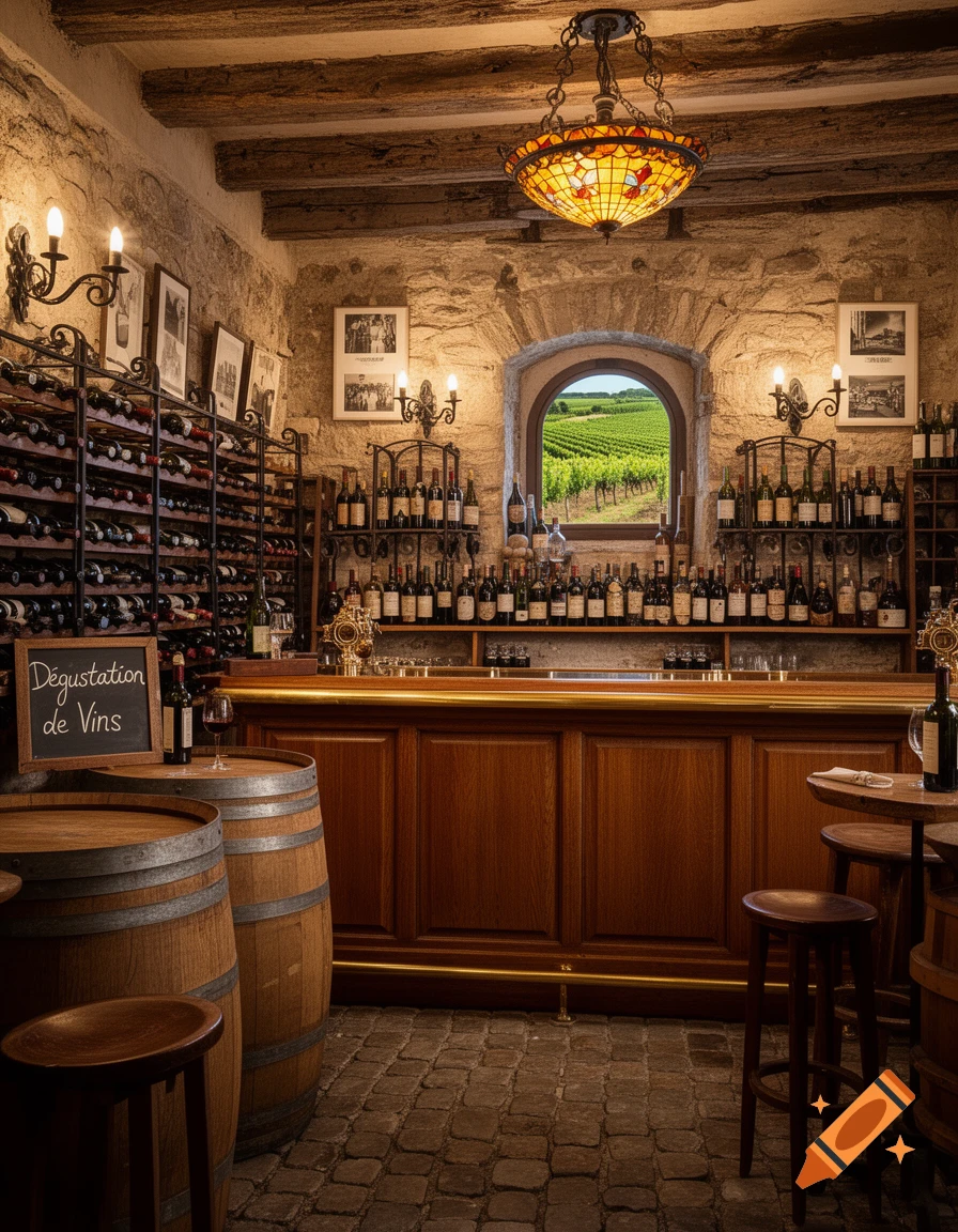 Rustic wine cellar and bar with a wooden counter, many wine bottles, oak barrels, and a vineyard view through a window.