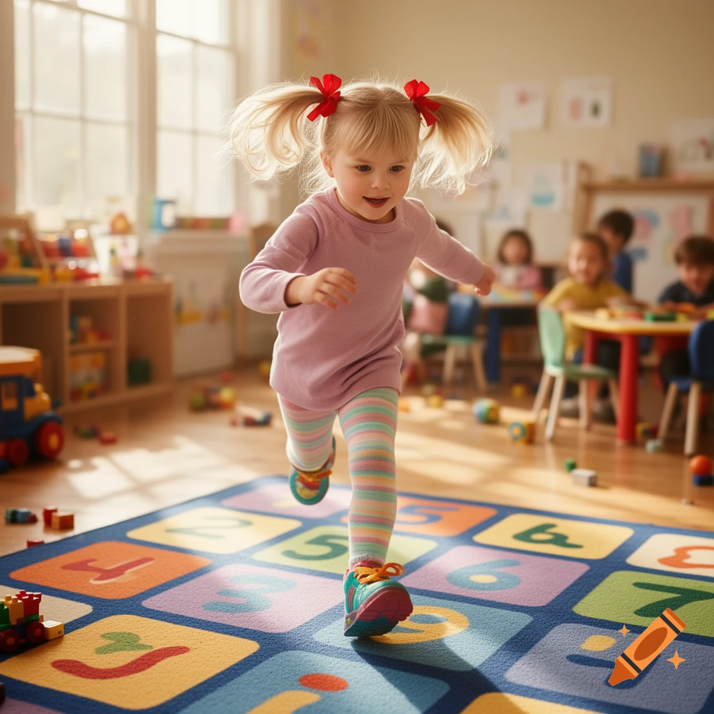 A smiling blonde kindergartner girl with pigtails and red bows runs on a colorful numbered rug in a bright classroom.