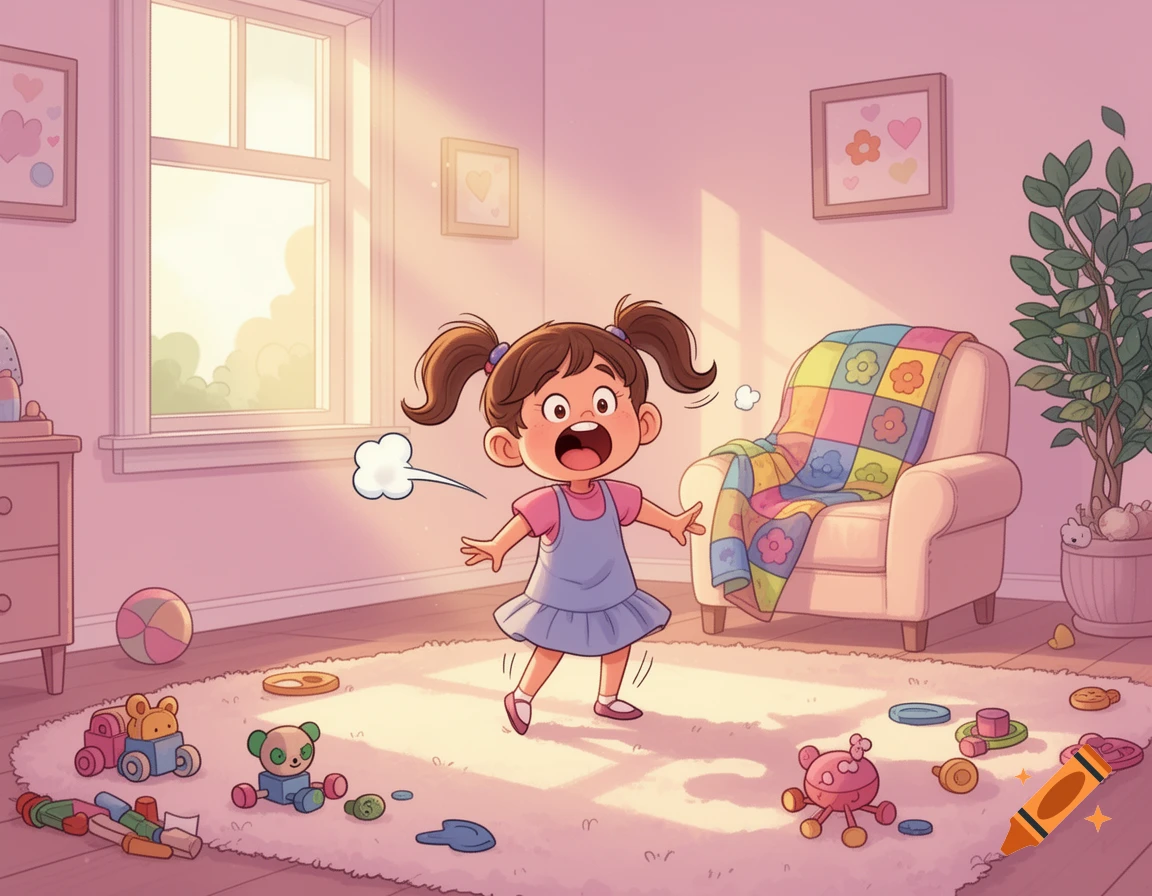 Cartoon of a kid girl with pigtails reacting in a messy, sunlit room with toys on the rug, a stylized fart cloud behind her.
