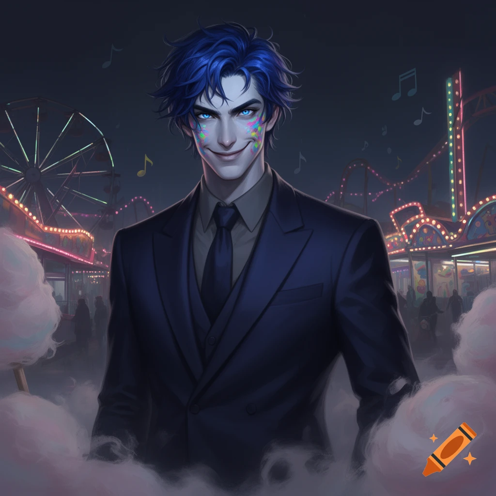 A stylized man with electric blue hair and glowing blue eyes, wearing a dark suit, grins broadly amidst a glowing amusement park at night. Colorful marks adorn his cheeks, and pink mist surrounds him.