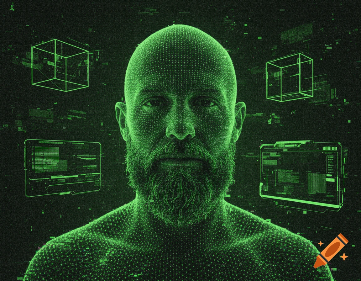 Digital art portrait of a bald, bearded man in glowing green point-cloud against a dark background with HUD elements and wireframe cubes.