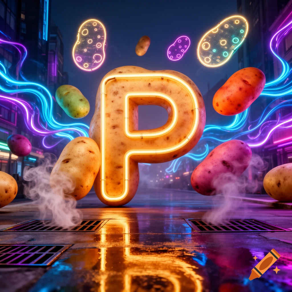 A giant neon-lit letter P made of potatoes stands in a cyberpunk street with floating potatoes and glowing patterns.