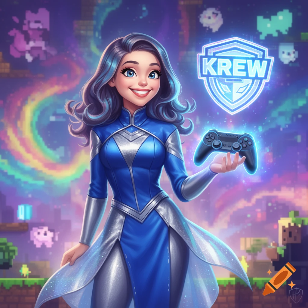 A vibrant cartoon woman in blue and silver, smiling and holding a game controller, with a "KREW" logo and pixelated gaming elements in the background.