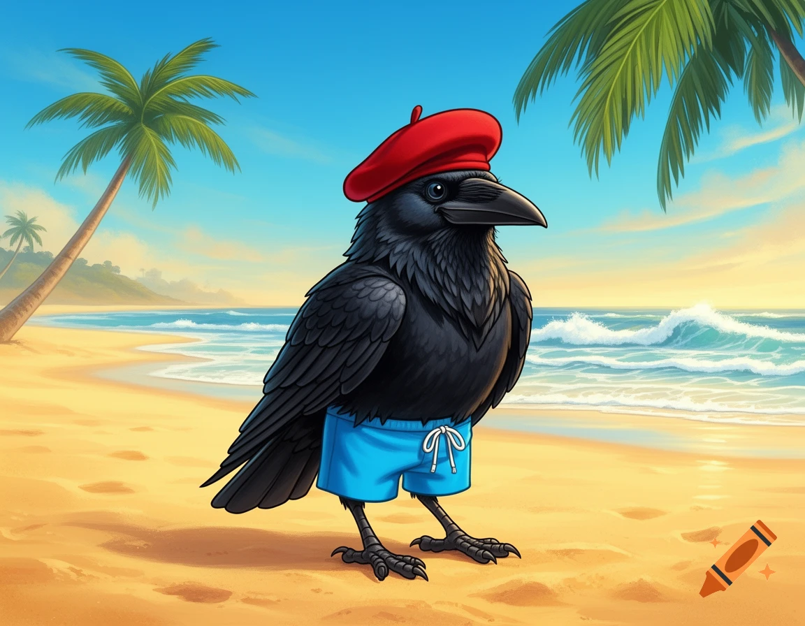 Highly detailed cartoon illustration of a black raven in a red beret and blue shorts on a sunny sandy beach with palm trees and ocean waves.