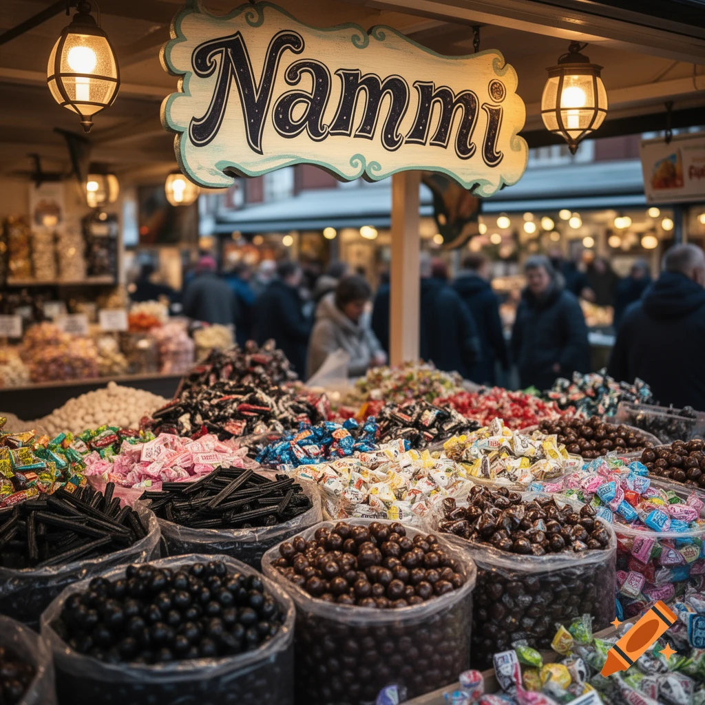 A vibrant outdoor market candy stall, with large bins of various colorful sweets under a sign reading "Nammi", illuminated by warm lanterns.